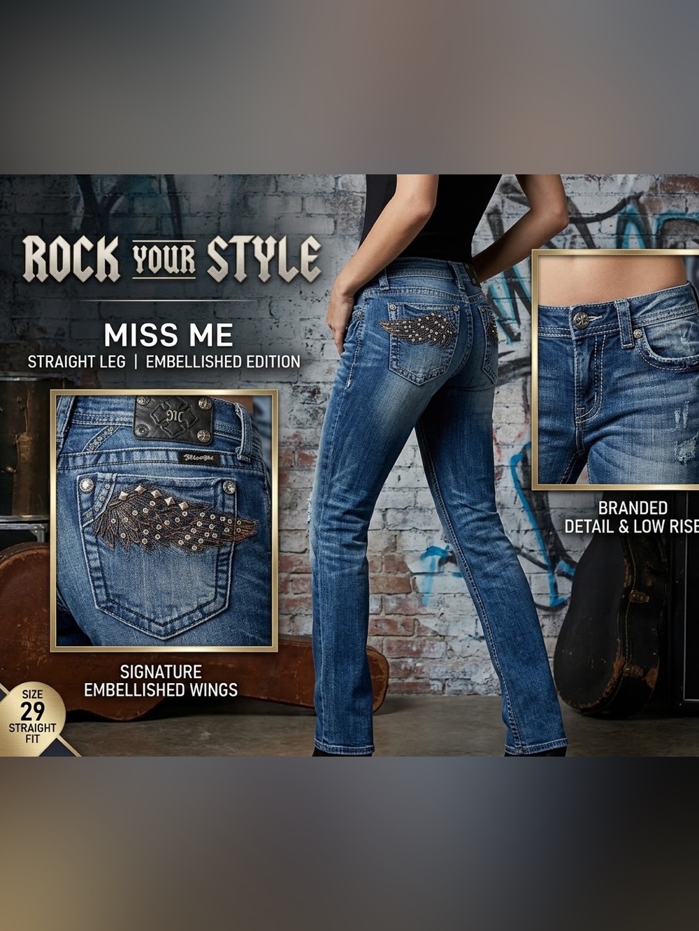 Miss Me Embellished Straight Leg Jeans - Faded Blue
